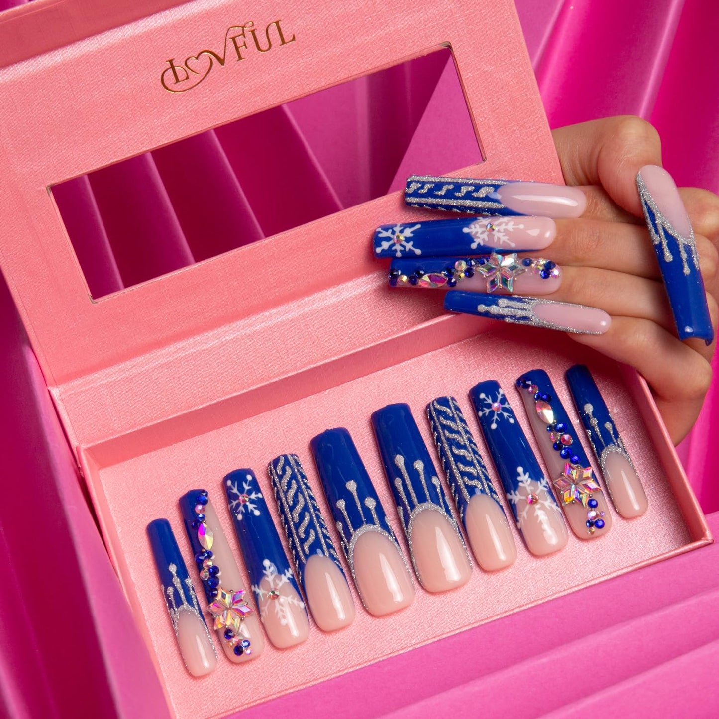 LOVFUL Press on Nails Snow Waltz Blue French Tip| Handmade with Full Covered Crystals | Reusable Fake Nails | Square Long 2.2 in | H140-M