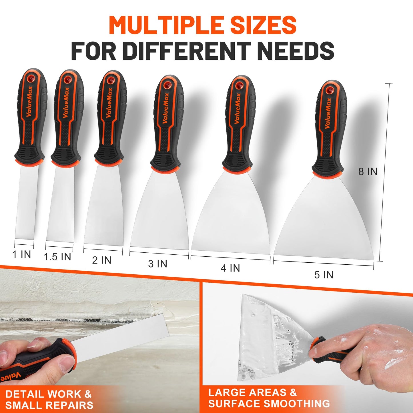 VALUEMAX Putty Knife Set, 6PCS Stainless Steel Paint Scraper Tools, Spackle Knives for Repairing Drywall, Scraping, Removing Wallpaper, Applying Mud, Plaster and Adhesive(1”, 1.5”, 2”, 3”, 4”, 5”)