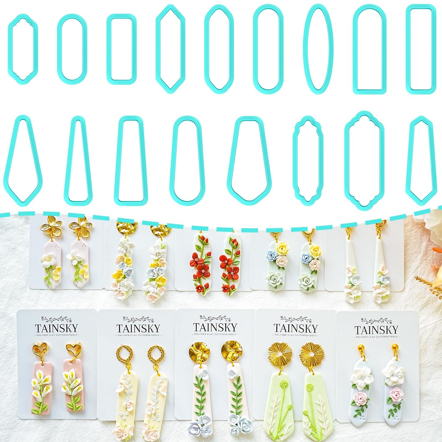 TAINSKY Long Dangle Shape Clay Cutters, 17 Shapes Polymer Clay Cutters for Earrings Making, Long Rectangle Shape Polymer Clay Cutters, Basic Clay Cutters for Polymer Clay Jewelry