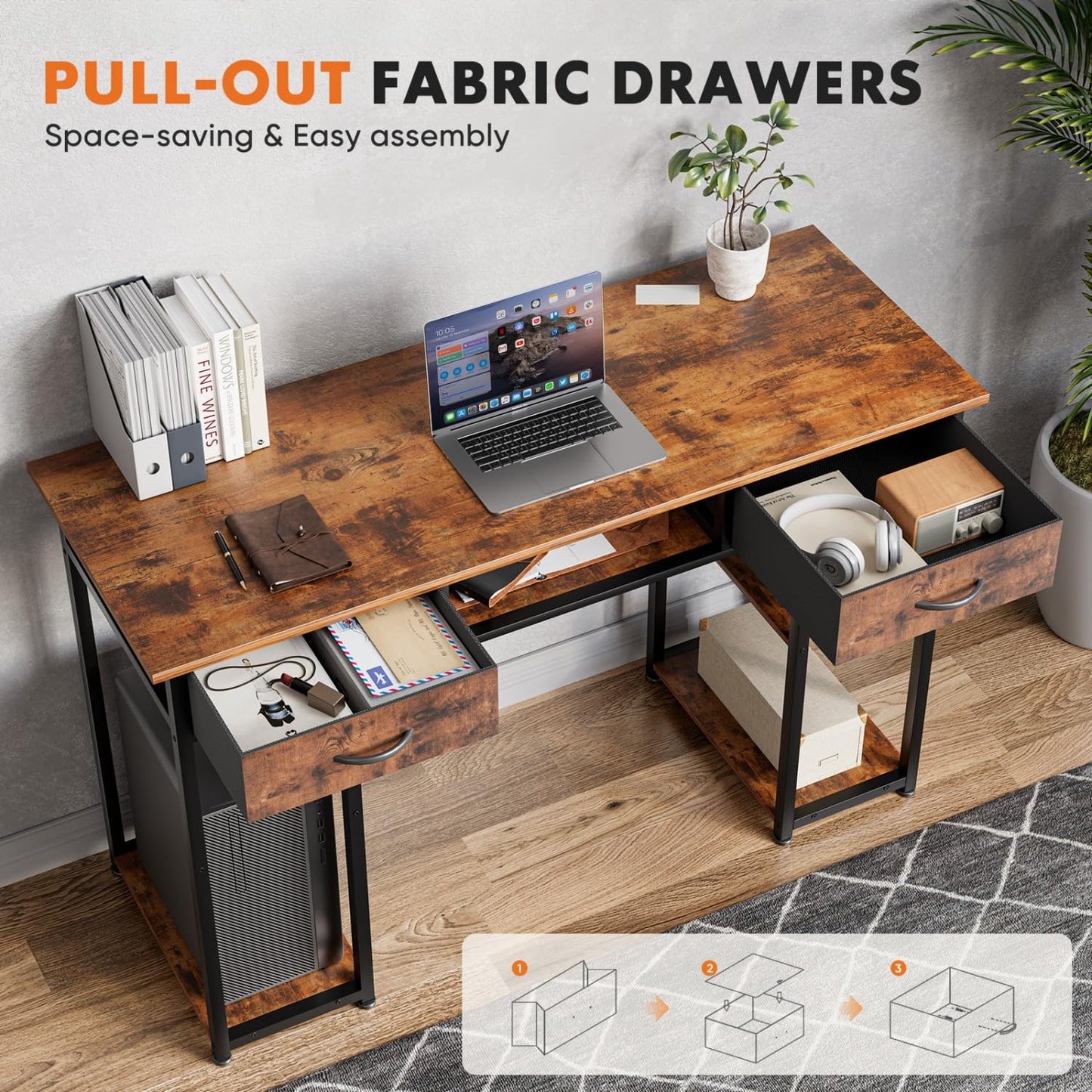 UOCFYK 47 Inch Computer Desk with 2 Drawers, Home Office Desk with Wooden Shelves, Study Writing PC Table for Small Spaces, Bedroom, Dorm or Living Room, Rust