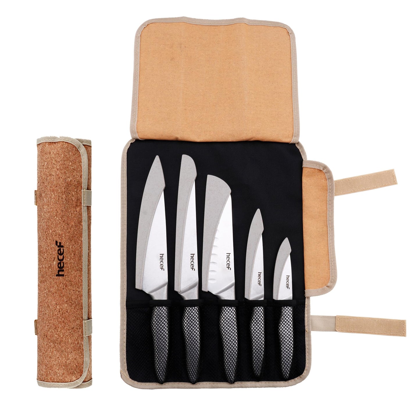 hecef Vintage Style Kitchen Knife Sets,Scratch Resistant Camping Matte Knives with 5 Slots Recycled Oxford Cloth Knife Roll Bag & Covers,Stonewashed High Carbon Stainless Steel Blades & Hollow Handle