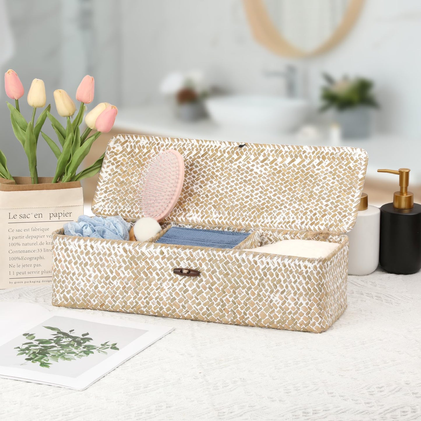 Hipiwe Storage Basket with Lid 3 Sections Handwoven Seagrass Basket Rectangular Closet Organizer Bin Multipurpose Storage Box for Bathroom Shelf Kitchen, Whitewash