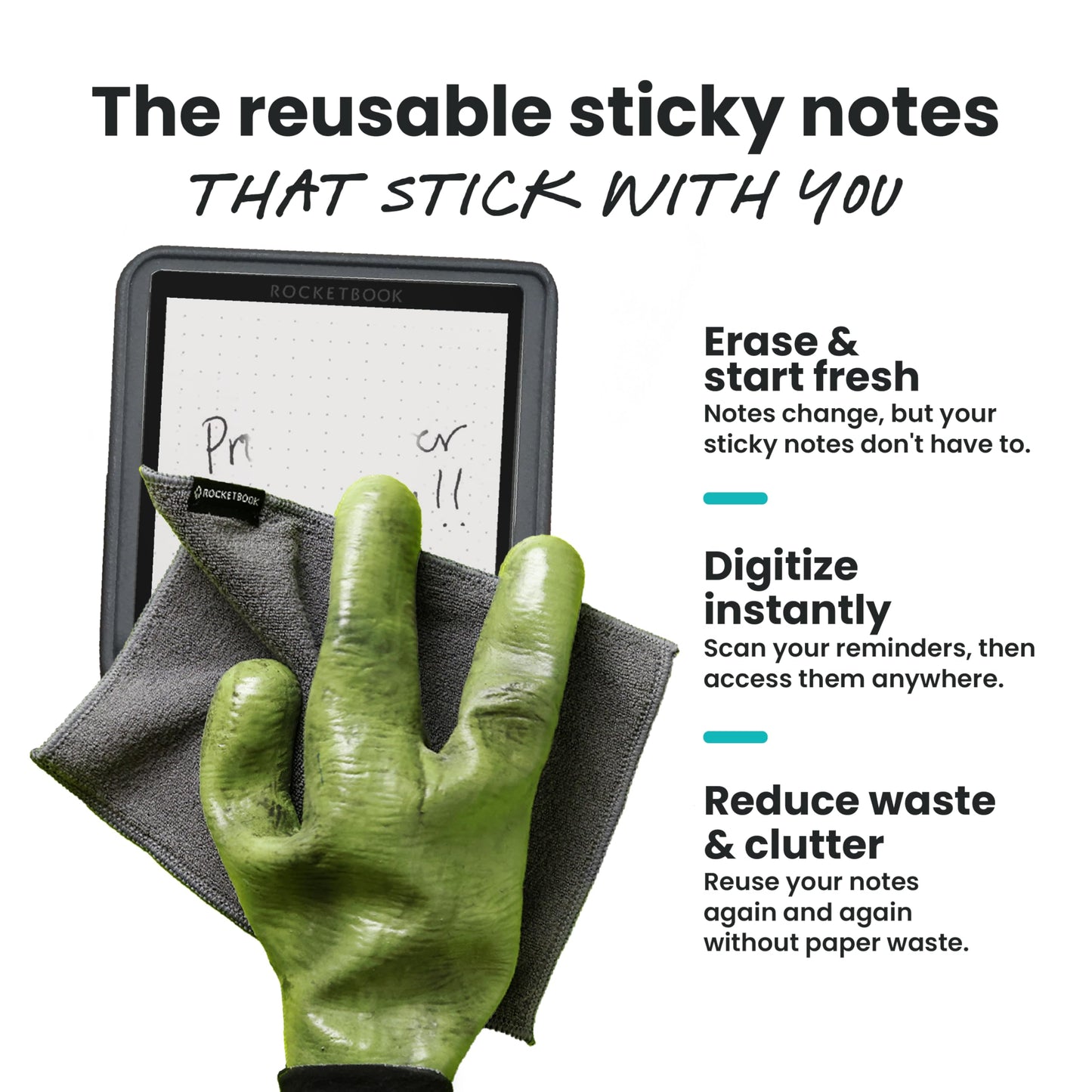 Rocketbook Reusable Sticky Notes Starter Pack, Restick and Reorganize Memo Pads, 3"x3", 15 Black Sticky Notes, Includes Pen, Towel + Carrying Case (Kit of 1)
