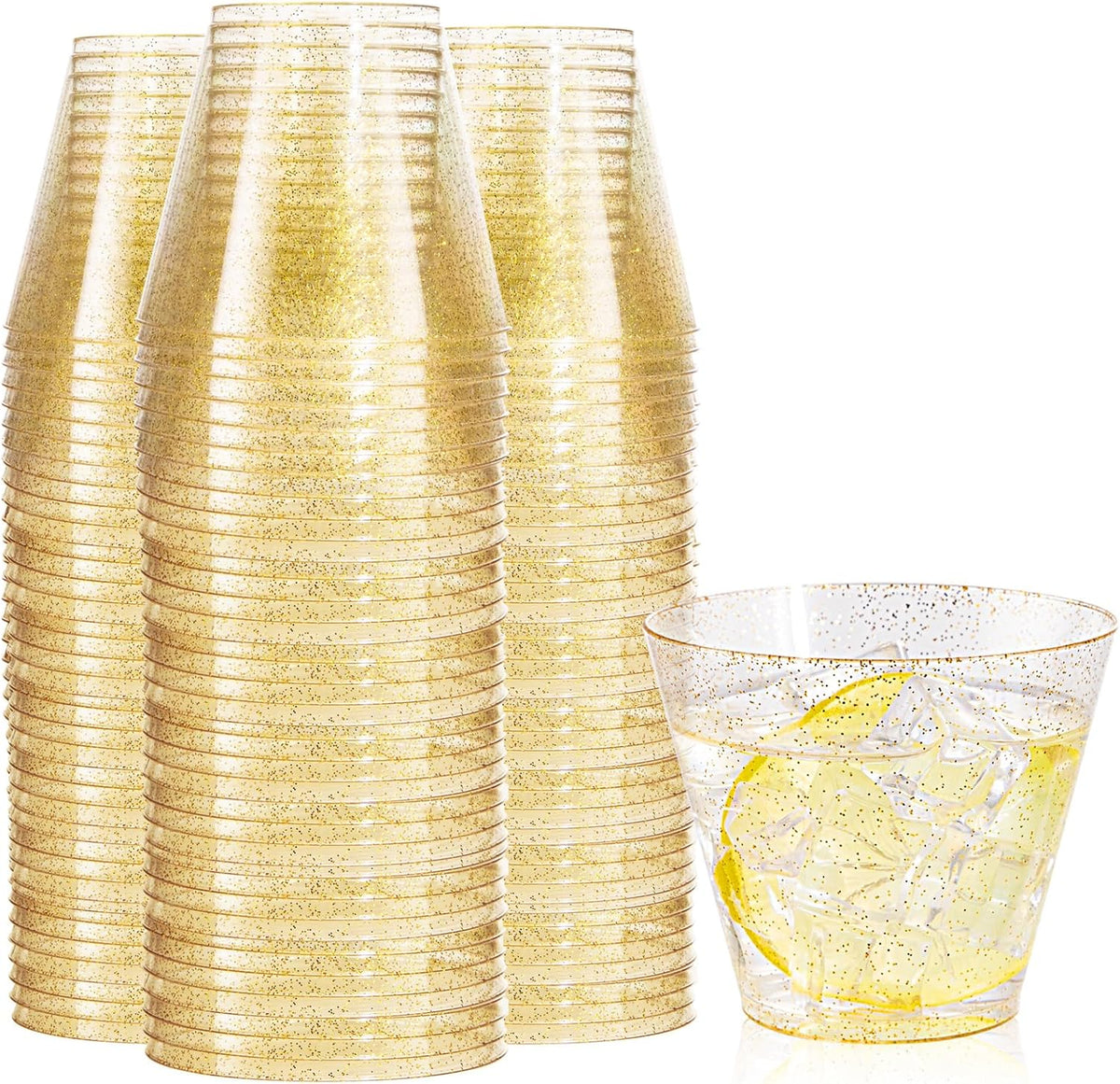 Nervure 120PCS Gold Glitter Plastic Cups - 9oz Heavy Duty Plastic Cups - Gold Disposable Cups for Wedding, Thanksgiving, Birthday, Halloween & Christmas Party