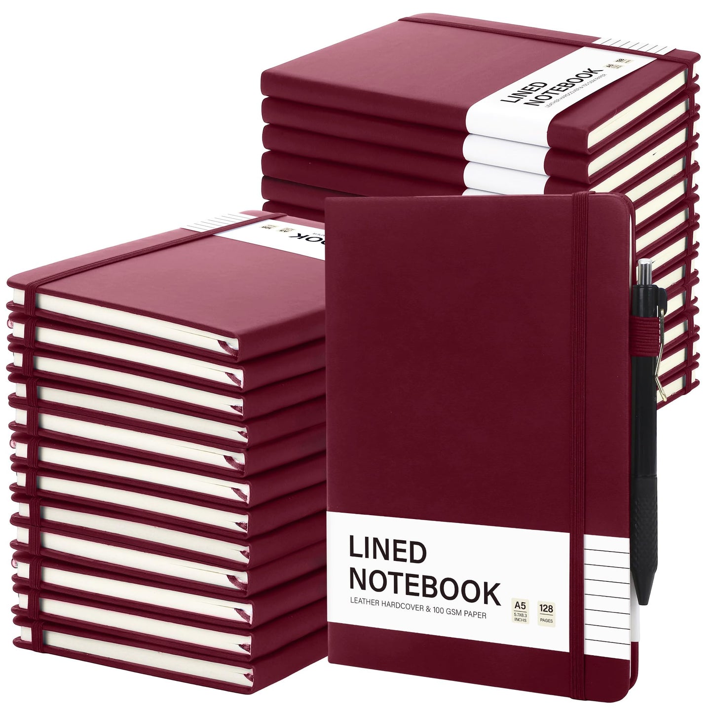 Aodaer 30 Set Lined Notebook Journals with Pens A5 Notebooks 100 GSM College Ruled Hardcover Notebook PU Leather Notepad with Pen Holder for Office School, 5.7 x 8.3 Inches, Burgundy