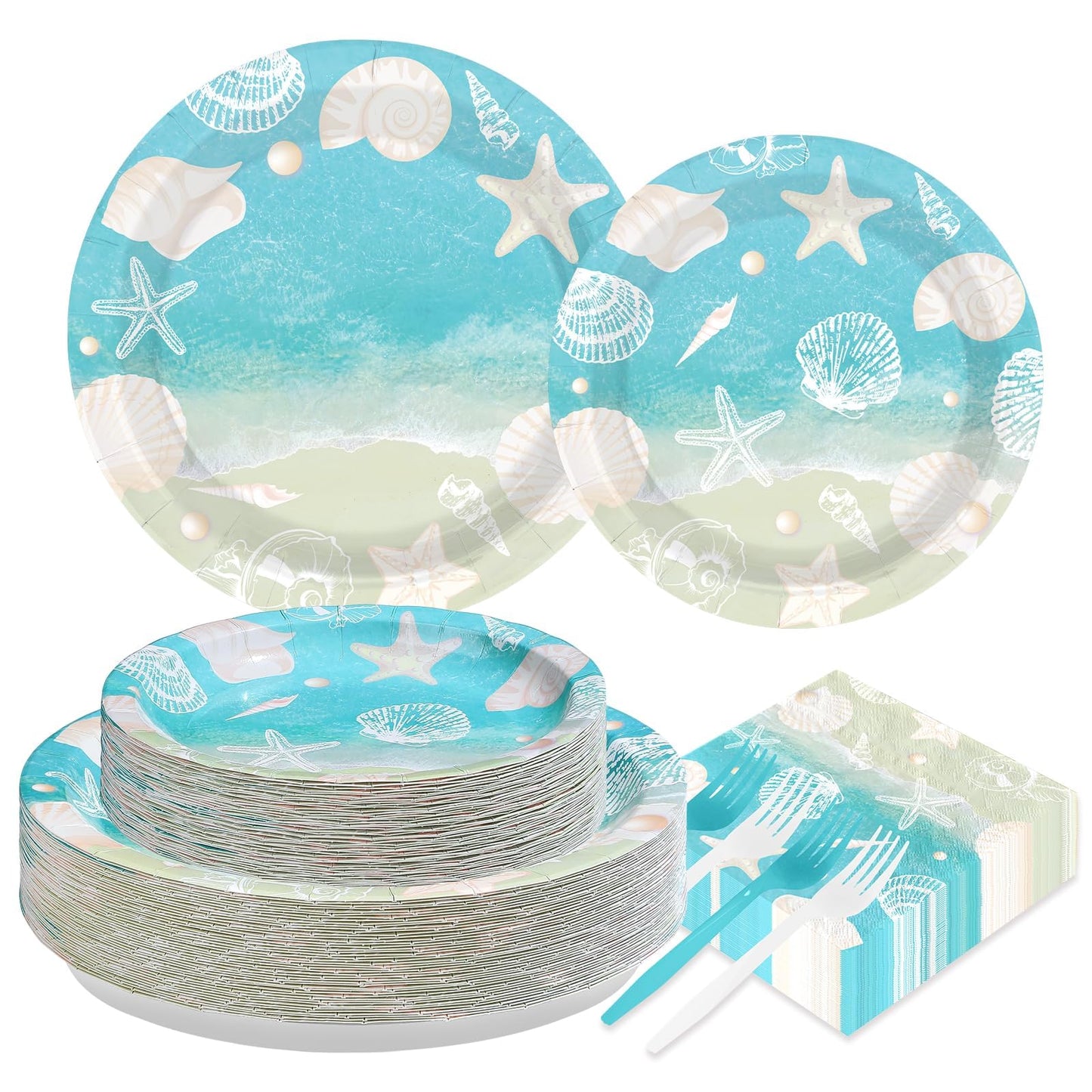 Greencian 200Pcs Seashell Beach Party Decorations Beach Seashell Starfish Plates and Napkins Disposable Ocean Themed Party Tableware Sets for Birthday Baby Shower Wedding Supplies Serves 50