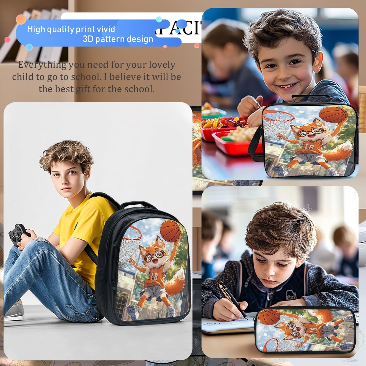 Arevigh Fox School Backpack 3 Piece Set Backpack Lunch Bag Pencil Case Waterproof Fabric for School Gifts for Students Kids Toddler Boys Girls Elementary Middle