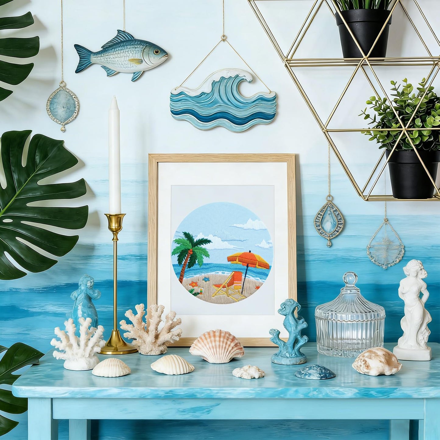 ElasignShopo Ocean Embroidery Kit for Beginners Adults, Easy Cross Stitch Kit Spring Summer Beach Ocean Pattern Embroidery Starter Kits with Wooden Hoop Needles Threads Display Stand and Instruction