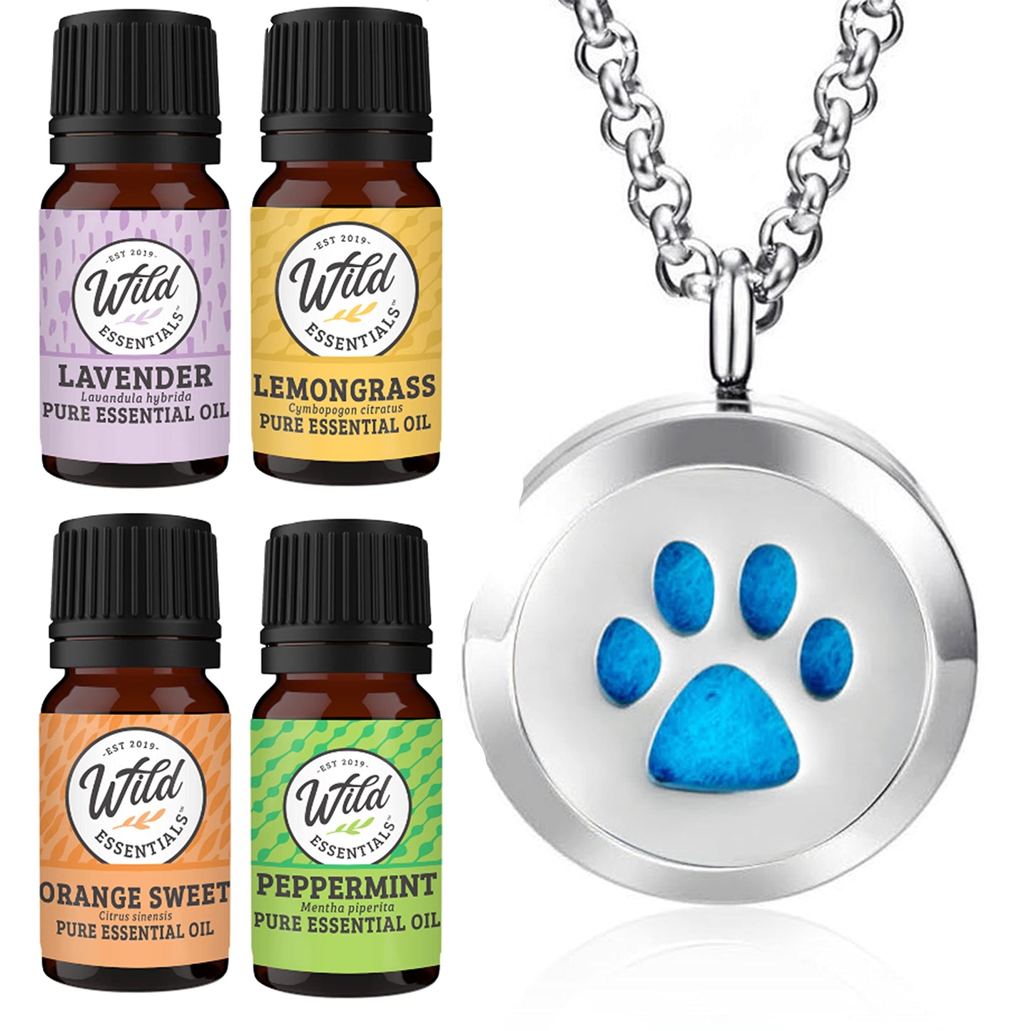 Wild Essentials Dog Paw Necklace Essential Oil Diffuser Kit with Lavender, Lemongrass, Peppermint, Orange Oils, 12 Refill Pads, Calming Aromatherapy Gift Set, Customizable Color Changing, Perfume