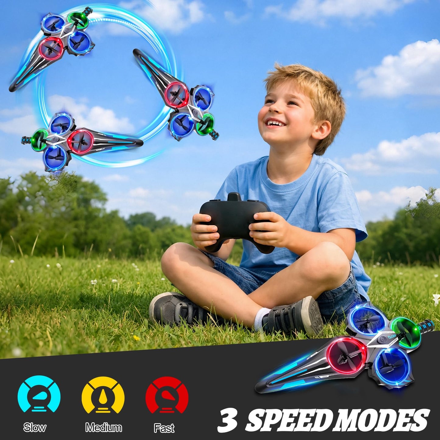 ENJOYFLY Gesture Control Flying Sword RC Plane Toy for Kids 8-12, Hand Controlled and Remote Control Airplane with LED Lights, 360 Flips, 3 Speeds, Easy Takeoff and Landing, 2 Batteries, Blue