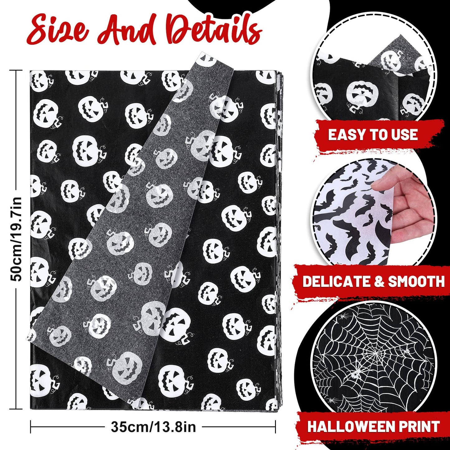Whaline 120 Sheet Halloween Tissue Paper Black and White Wrap Tissue Paper with Cobweb Bat Pumpkin Pattern Gift Wrapping Paper for Fall Halloween Party Gift Packing DIY Craft, 13.8 x 19.7 Inch