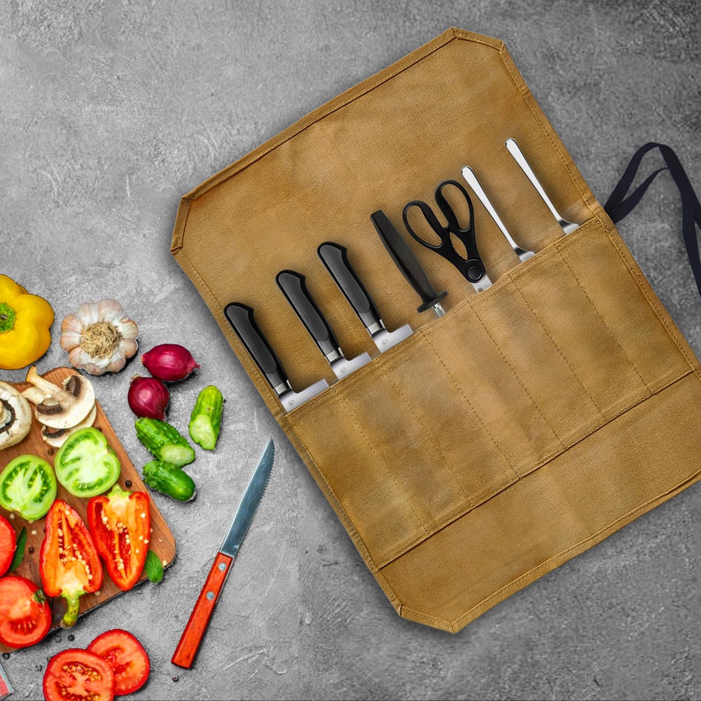 GIWOSK Knife Roll Bag, Waxed Canvas Chef's Knife Roll Bag with 7 Slots, Portable Knives Pouch Knife Storage Case Knife Carrier for Home Camping Picnic Chefs Cooking Lovers, Khaki(Bag Only)