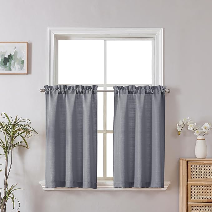 Chyhomenyc 2 Panels Dark Grey Kitchen Curtains, 30"W x 24"L (Pack of 2), Light Filtering, Rod Pocket, Modern Style
