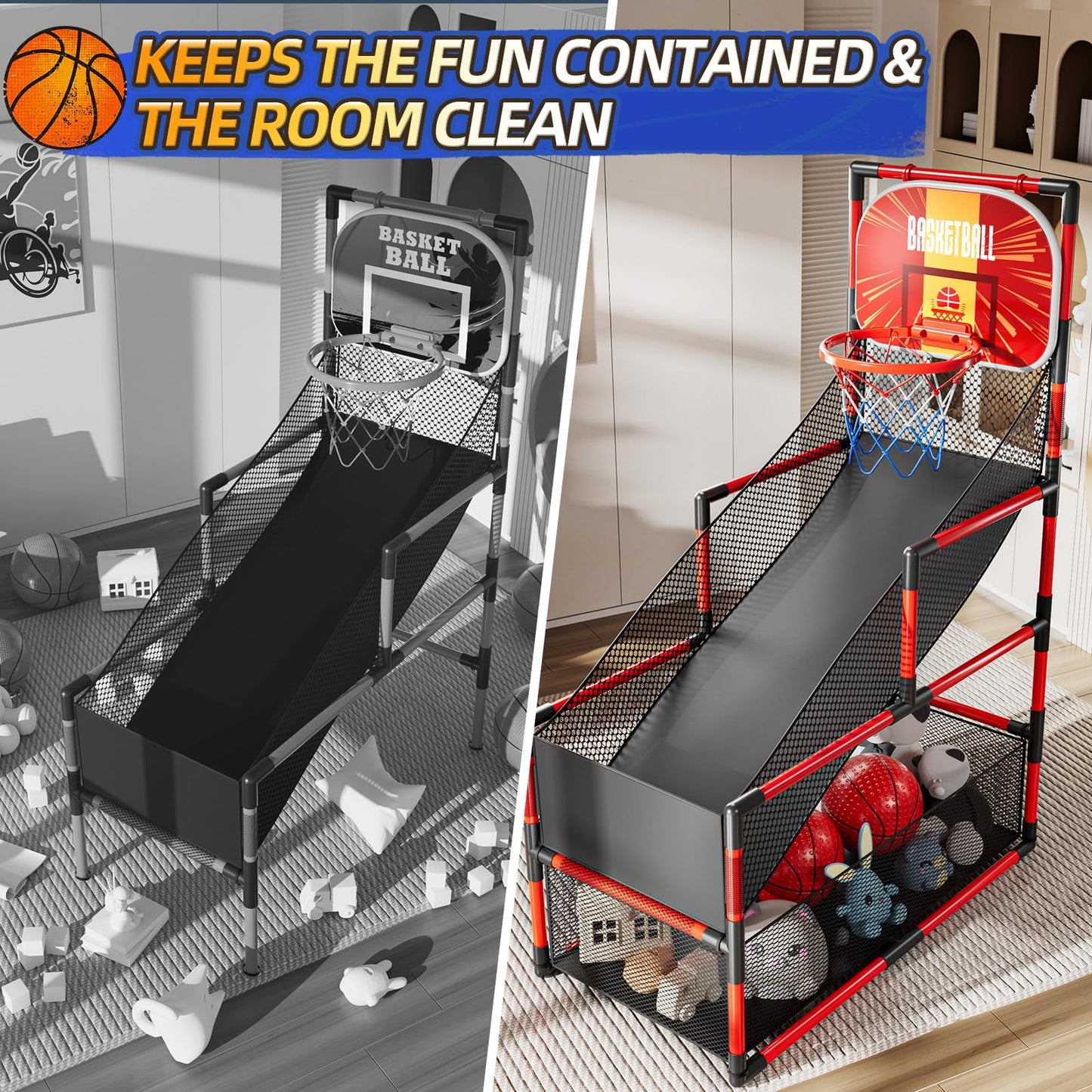 KIZONLY Arcade Basketball Game Indoor, Kids Ajustable Basketball Hoop, Outdoor Carnival Sports Play Toy with 4 Balls and Air Pump, Educational Birthday Gift for Boys Girls 3 4 5 6 7 8 Year Old (Red)
