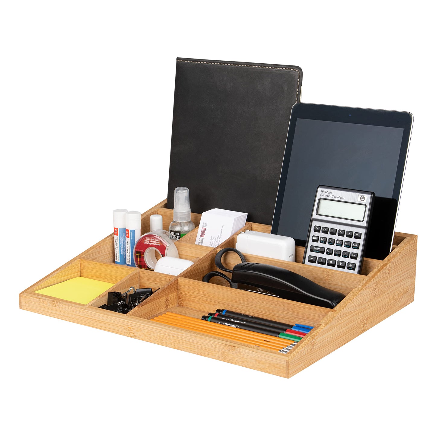 Theodore Bamboo Desktop Organizer – 10‑Compartment Natural Wood Storage Tray for Office, Home, Kitchen & Vanity – No Assembly, Water‑Resistant, Eco‑Friendly
