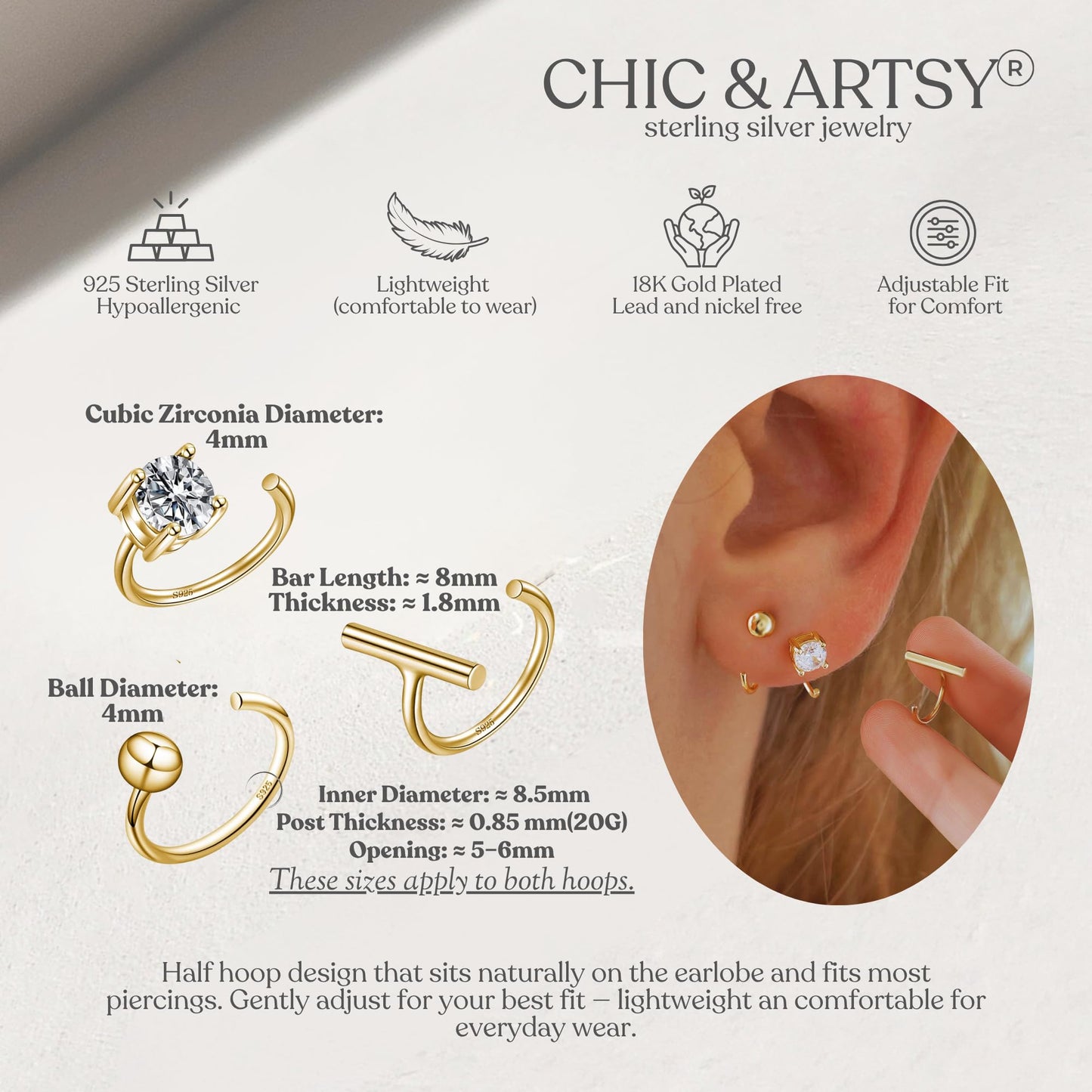 3 Pairs 18K Gold Plated 925 Sterling Silver Half Hoop Earrings Set Small Huggie Hug Hoops Open Huggie Hoops Earrings for Women