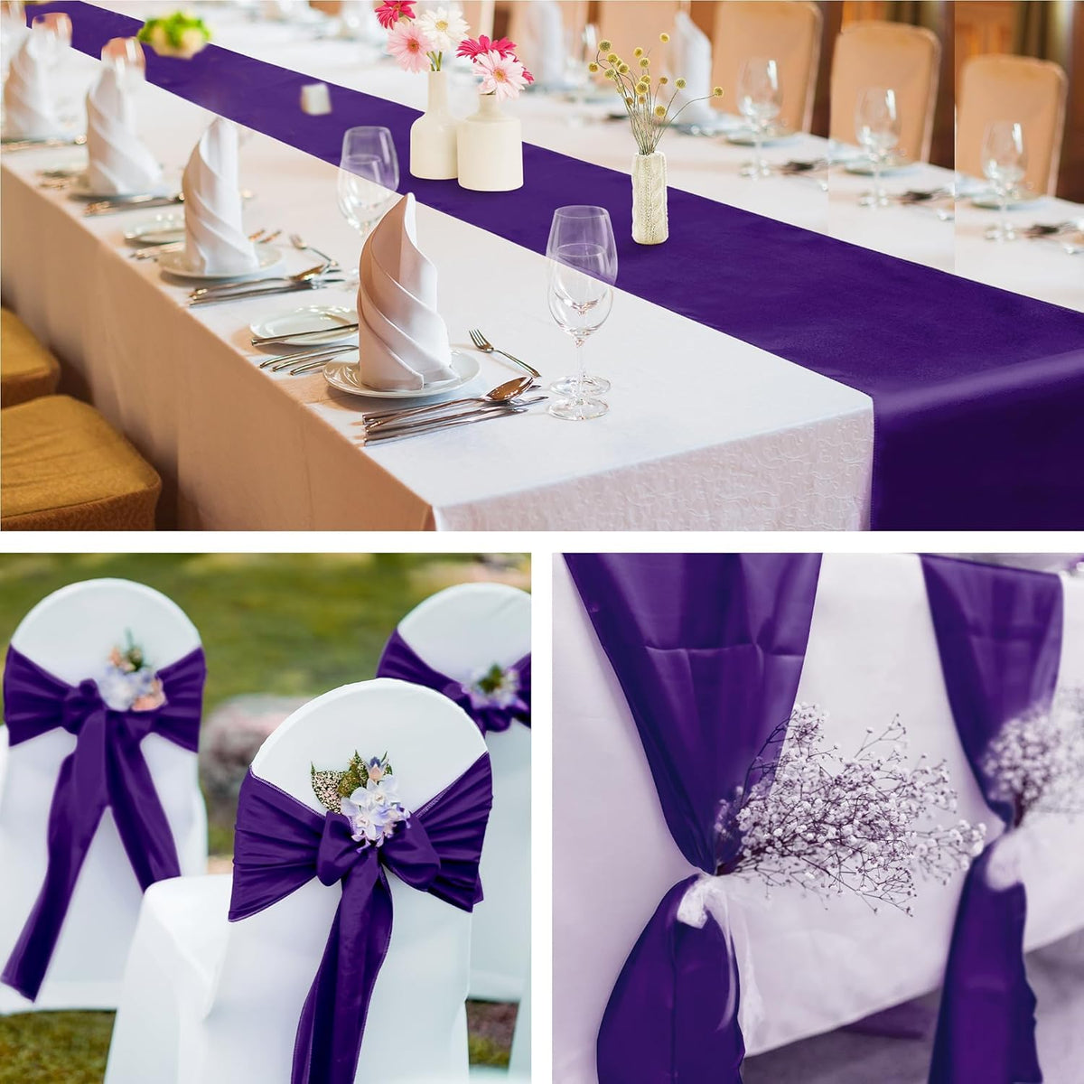 Aneco Satin 12 Pack Table Runner 12 x 108 Inch Dark Purple Long Wedding Satin Silk Table Runner for Wedding Banquet Graduations Birthday Party Decoration