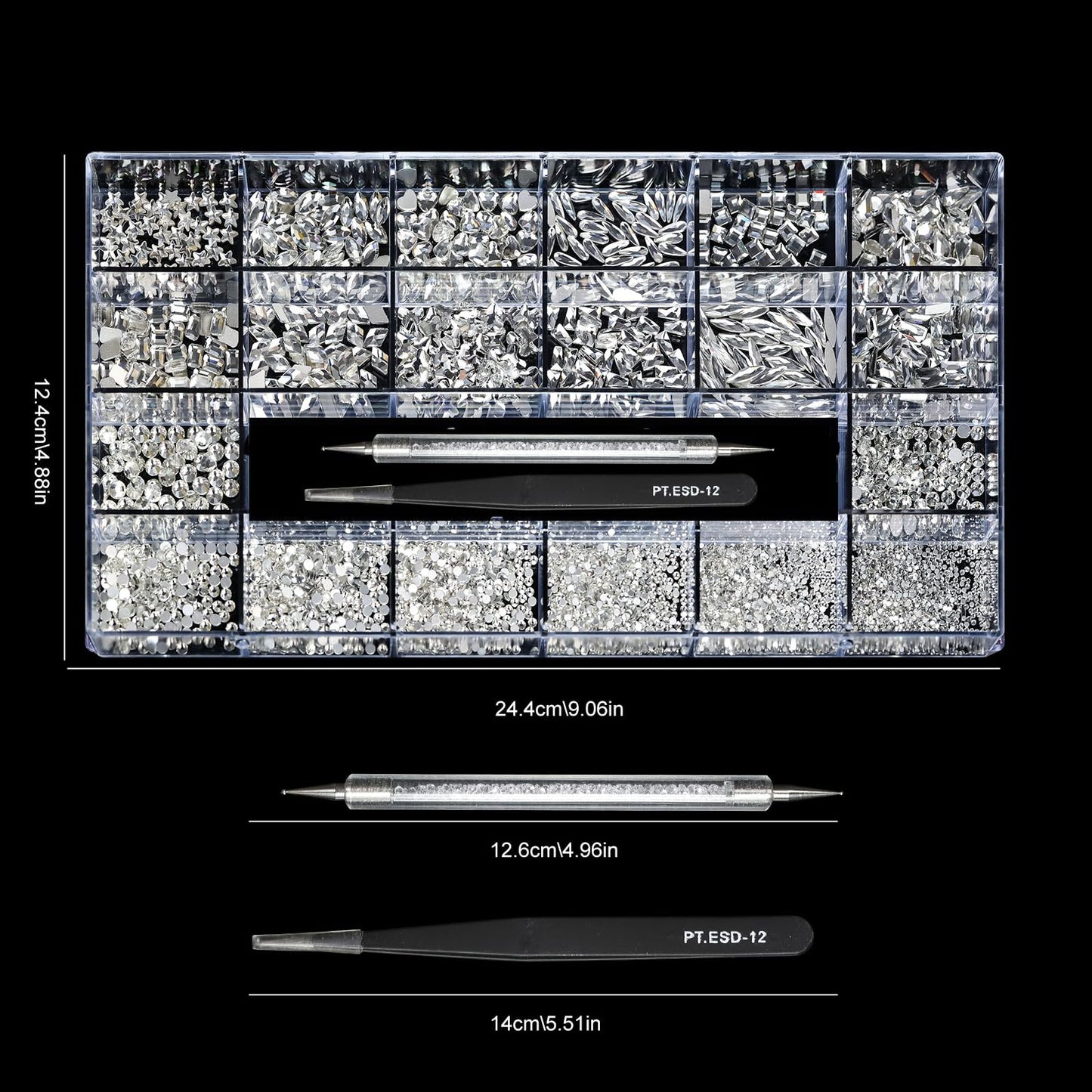 Yzzseven 12 Types of 600 White Diamonds + 2500 Flat Rhinestones Mix 20 Styles Flatback DIY Crafts Rhinestone Crystals 3D Ornament‌s Flat Back Stones Set + Tweezers + Drill Pen