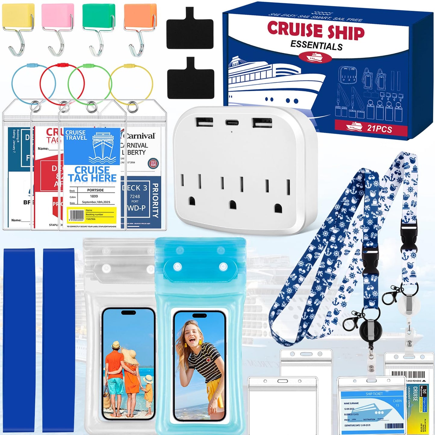 Cruise Essentials 2026 – Complete Cruise Must Haves Kit with Premium Waterproof Phone Pouches, Extra Magnetic Hooks, Non-Surge Power Strip, Lanyards, Luggage Tags & Gift Box Packaging