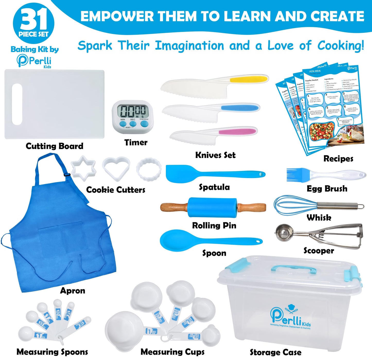 PERLLI Kids Real Cooking Set for Cooking and Baking – 31 Pc. Gift for Junior Chef with Real Utensils, Case & Safe Kids Knife Set for Boys & Girls – Fine Motor Skills & Fun for Children Ages 6+, Blue