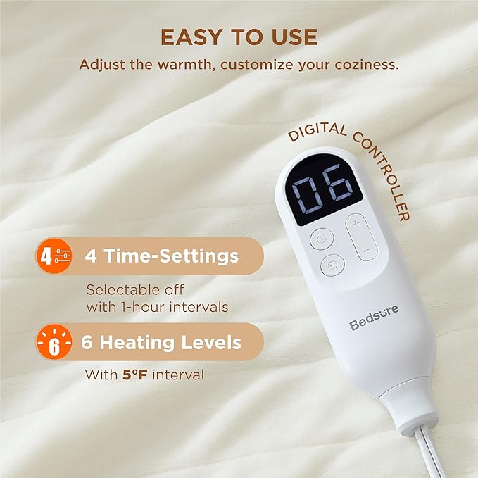 Bedsure Heated Blanket Electric Throw - Soft Flannel Electric Blanket, Heated Throw with 4 Time Settings & 6 Heat Settings, Warm Gift for Grandma (50x60 inches, Ivory)