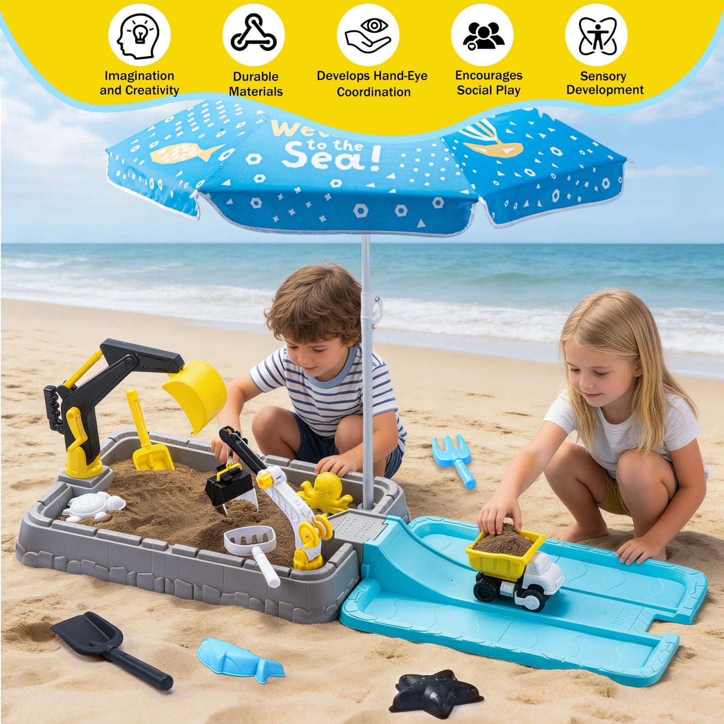 VROGTIK Kids Excavator Sandbox with Umbrella & Cover, Construction Sandbox Set with Beach Toys & Dump Truck, Outdoor Educational Play Set for Toddlers Ages 3-12