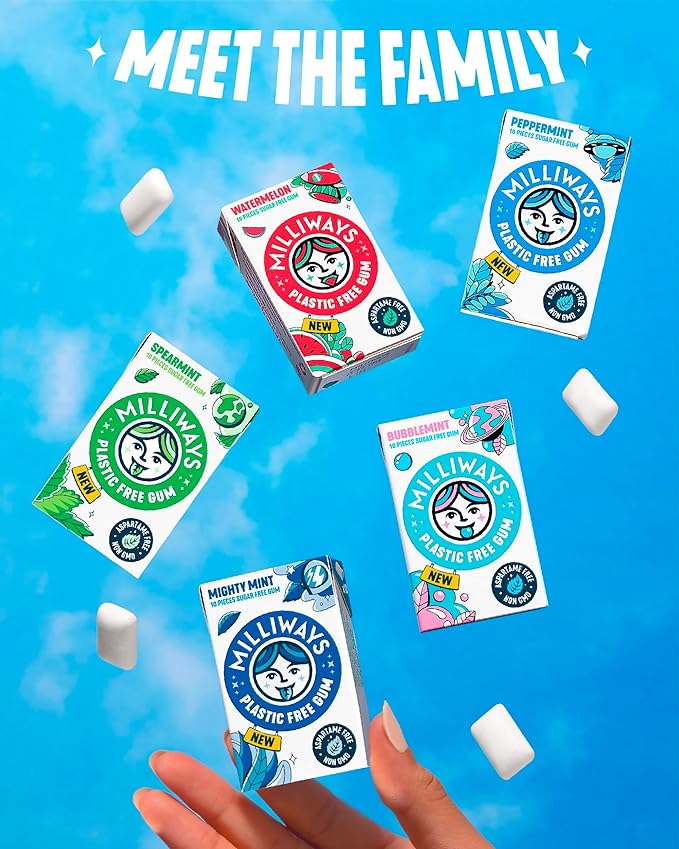 Milliways Mighty Mint | Plastic Free Gum | Xylitol, Aspartame-Free, Sugar-Free, Plant-Based, Natural Chewing Gum | 120 Pieces Total (12 Packs of 10 Pieces)