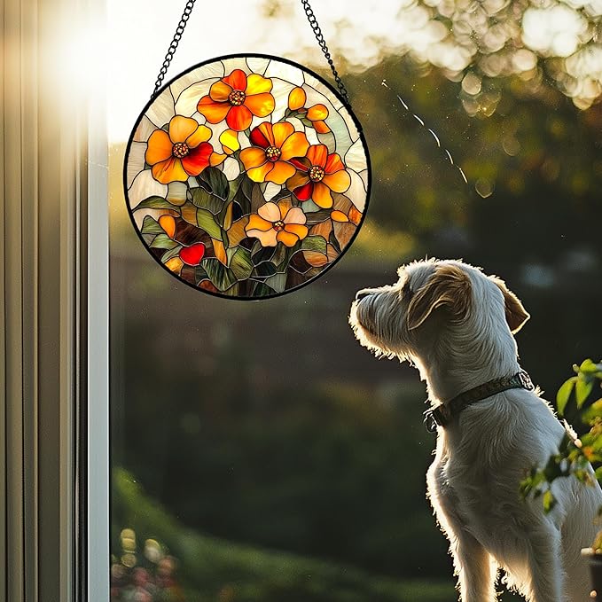 CRISGIF Stained Glass Window Hanging - Orange Marigolds Flowers Suncatcher for Door Garden Yard Sun Catchers Decor Christmas Mother's Day Birthday Gifts for Women Mom Nana Girlfriend Men 11.8 in