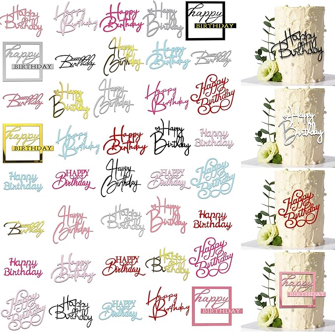 40 PCS Happy Birthday Cake Toppers Mirror Acrylic Toppers with 10 Styles 8 Colors for Birthday Party Cake Desserts Pastries