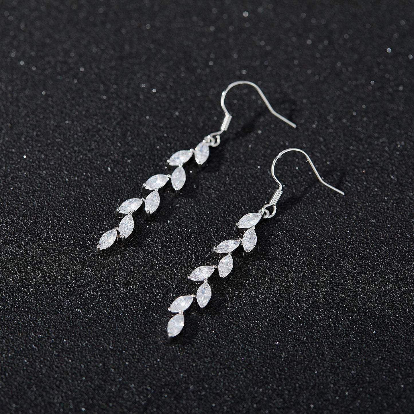 SWEETV Marquise Wedding Dangle Earrings for Brides Birdesmaid, Crystal Long Bridal Earrings for Women Prom, Silver