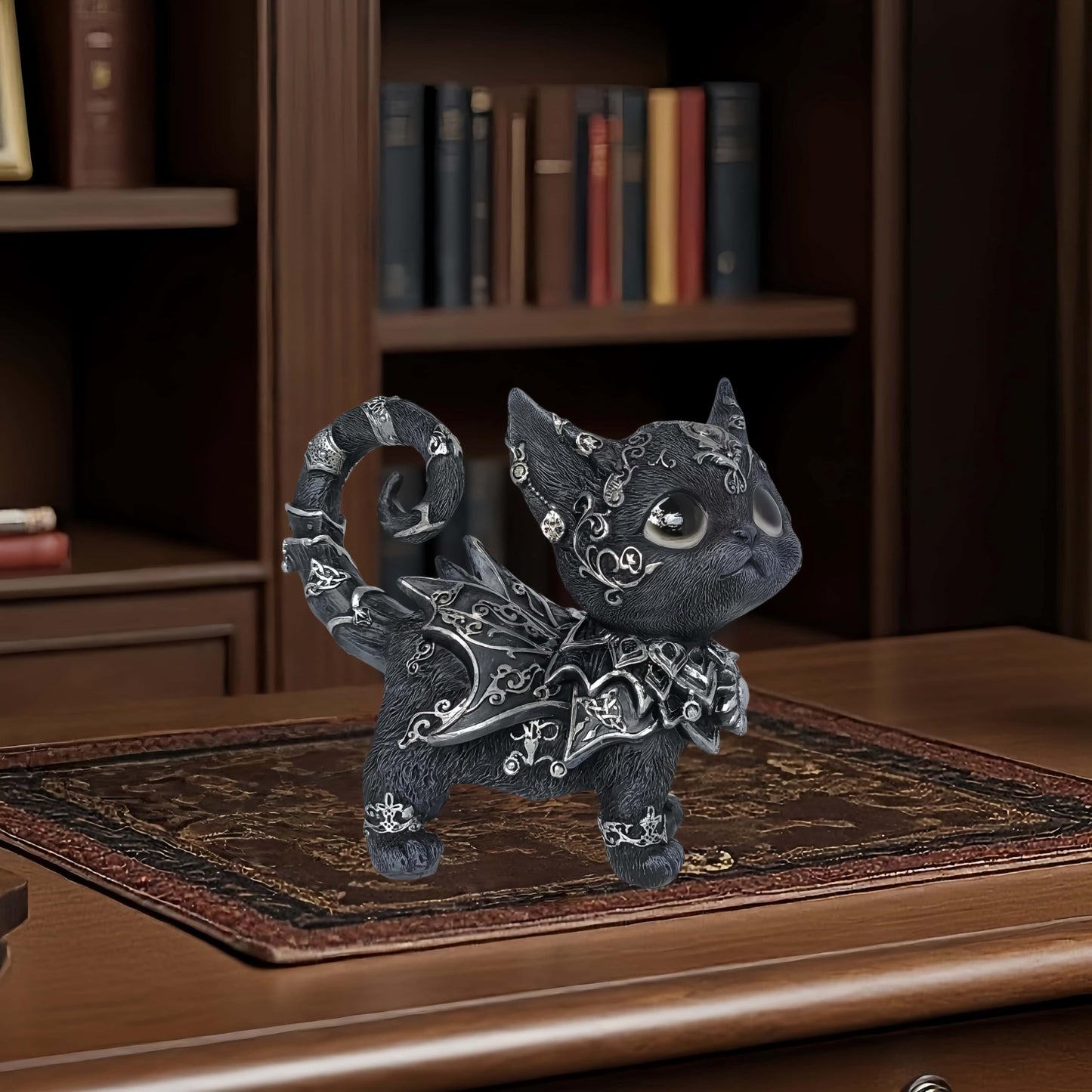 SACOJUCHY Mystical Black Cat Statue Elegant Silver Accented Kitten Sculpture Intricate Gothic Home Decor Enchanting Figurine for Cat Lovers, Witchy Aesthetic, & Unique Gifts