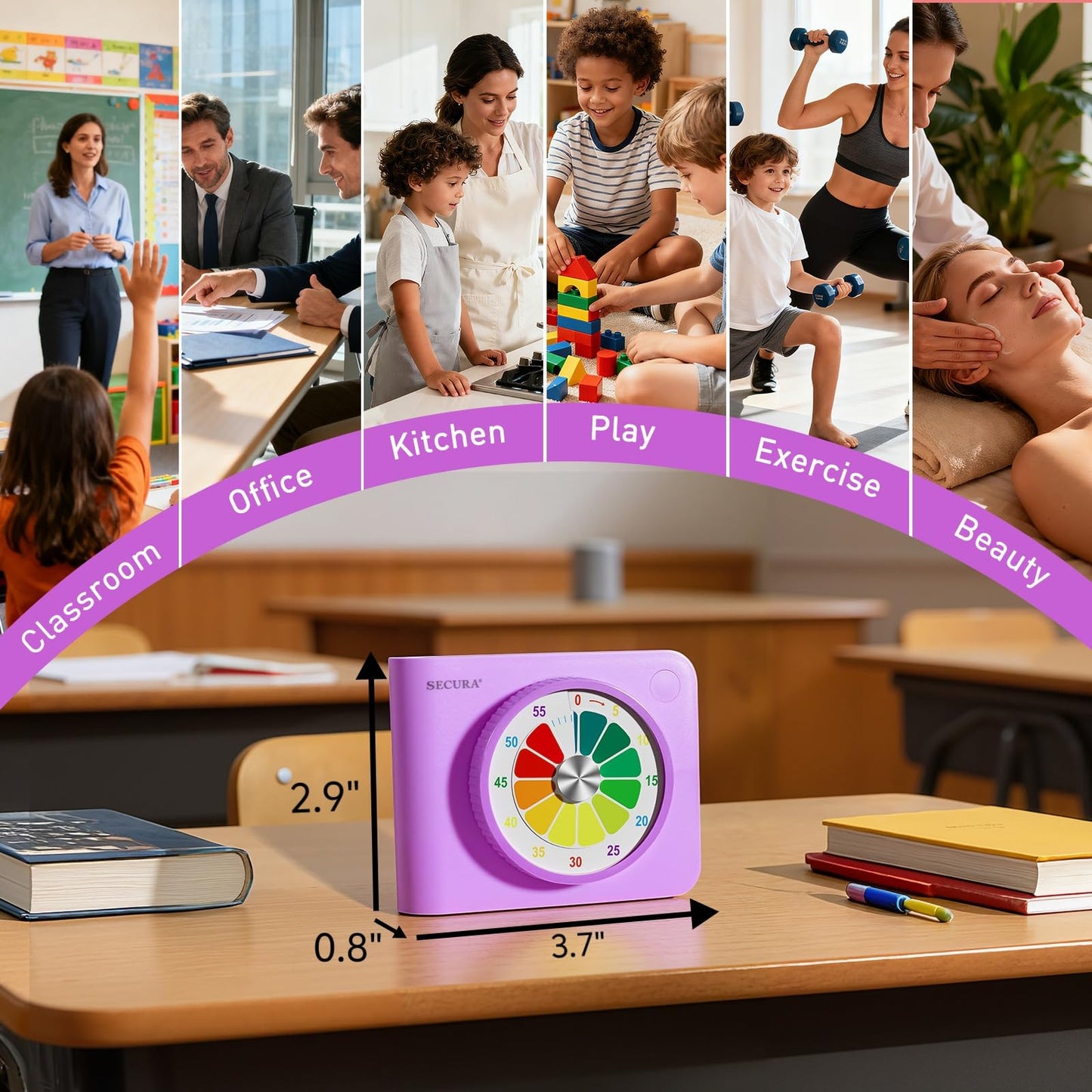 Secura Visual Timer for Kids – 60-Minute Classroom Countdown Timer with Color Disc, Time Management Tool for Kids, Teachers & Parents, Silent & Beep Modes, Magnetic Back & Stand (Purple)