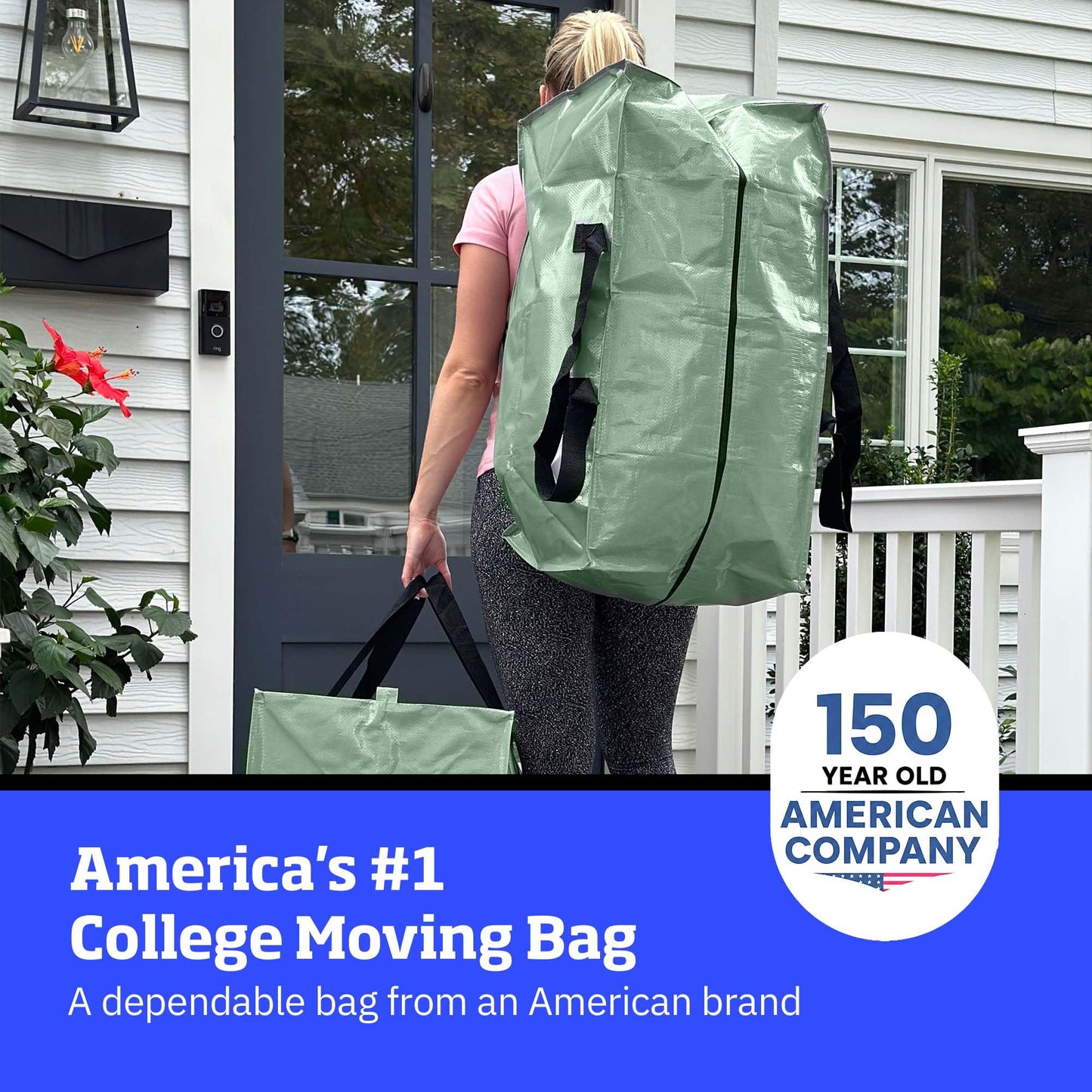 DURASACK Heavy Duty Moving Bag Storage Container Duffle Bag with Zipper, Reinforced Carry Straps and Backpack Straps, Made of Rugged Woven Polypropylene, Pack of 4, Sage