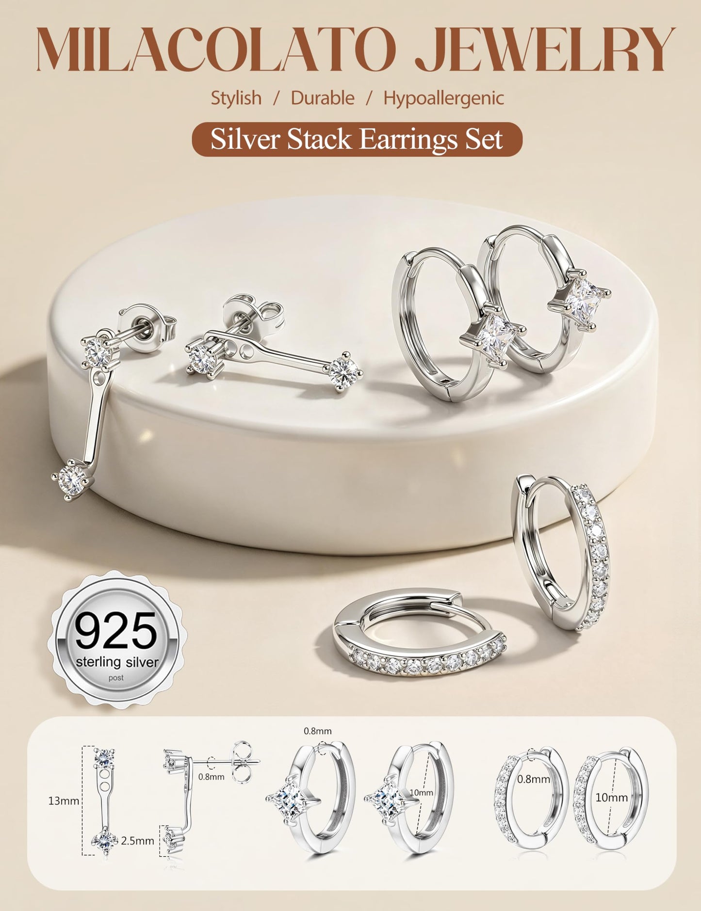 MILACOLATO 925 Sterling Silver Earrings for Women, Sterling Silver Filled Small Huggie Hoop Earrings Sets for Multiple Piercing Hypoallergenic Jewelry, CZ Cartilage Earrings Stacks Trendy Jewelry Gifts, 3 Pairs