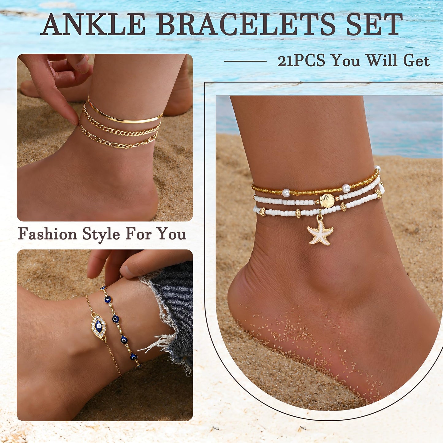 17KM 21PCS Gold Ankle Bracelets for Women, Boho Shell Bead Cuban Link Chain Waterproof Gold Anklets Set, Adjustable Layered Anklets for Women Beach Jewelry Gift