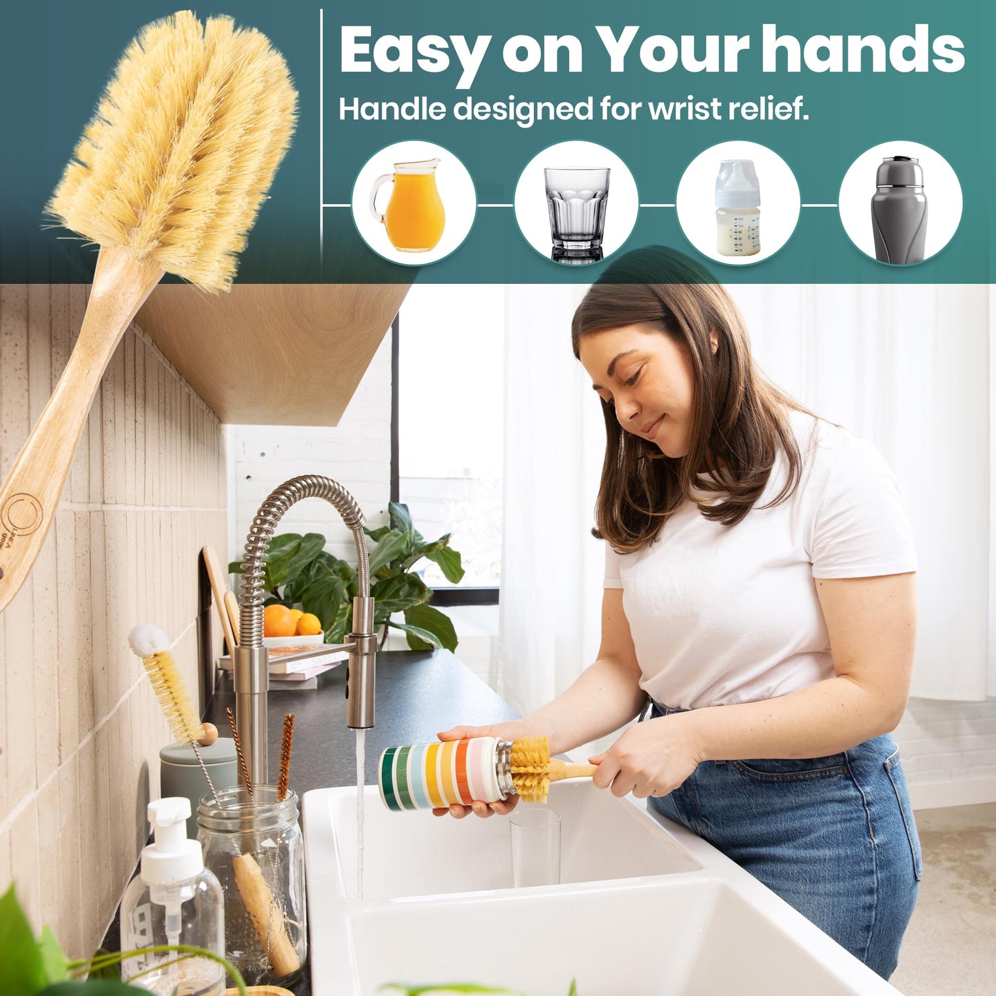 Bottle Brush Set - Ergonomic & Plastic Free Bamboo Bottle Brush, All in One Bottle And Straw Brush Cleaning Set, Sturdy Eco Friendly Water Bottle Cleaner Brush Set, Great Baby Bottle Cleaner Brush Set