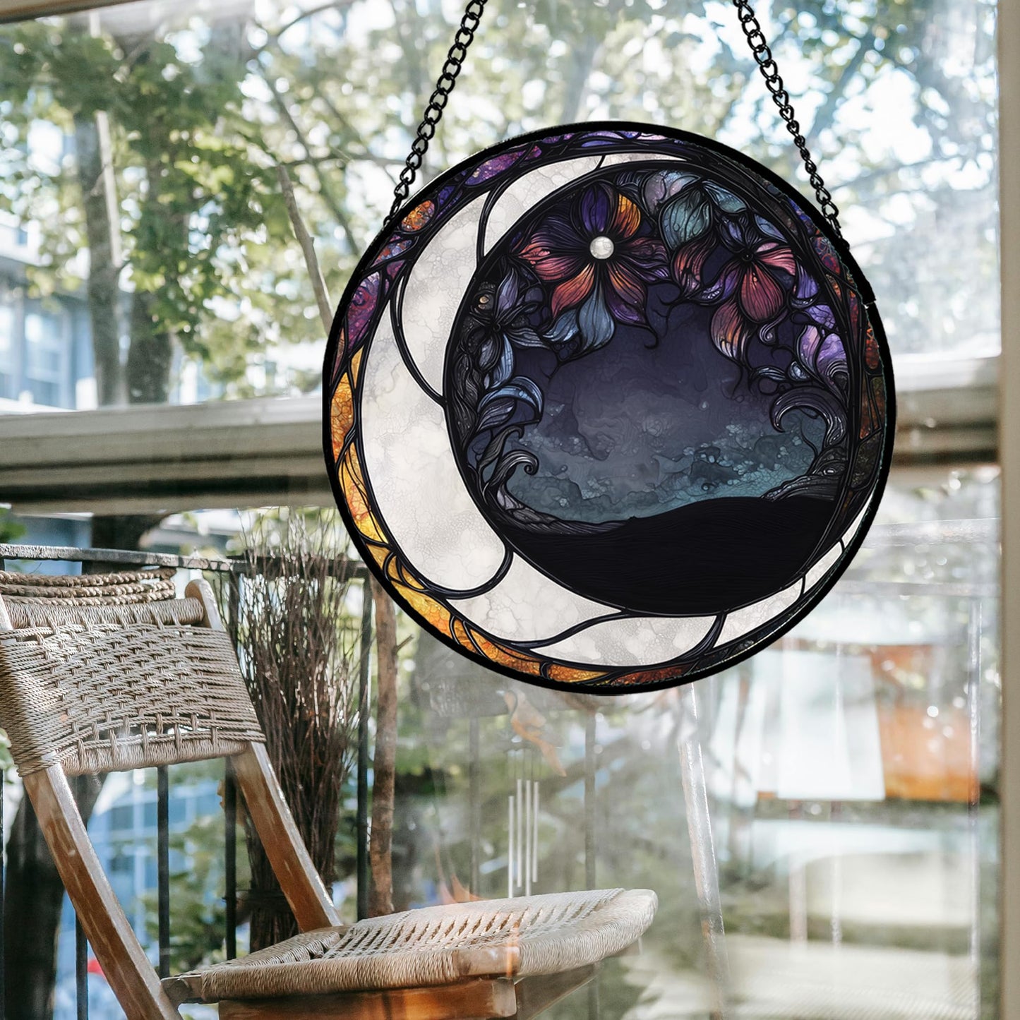 JOSUMALY Stained Glass Window Hanging - Black and White Moon Sun Catcher for Door Terrace Garden Home Decor, Abstract Plant Flower Suncatcher Birthday Gifts for Lovers Women Men Dad Mom Nana 15 in