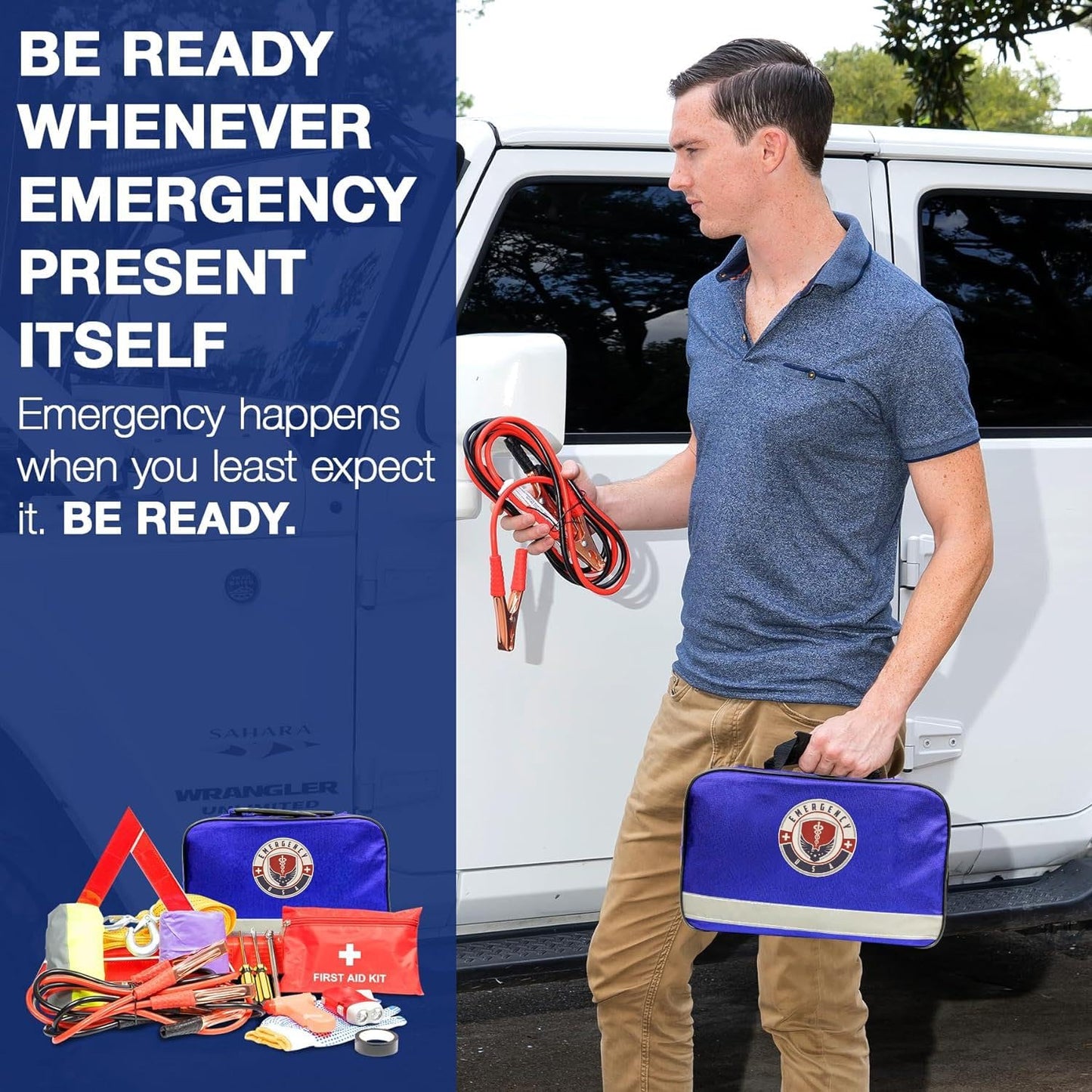 Roadside Car Emergency Kit - First Aid Set, Jumper Cables, Tow Strap, LED Flash Light, Rain Coat, Tire Pressure Gauge, Safety Vest and More (Blue)