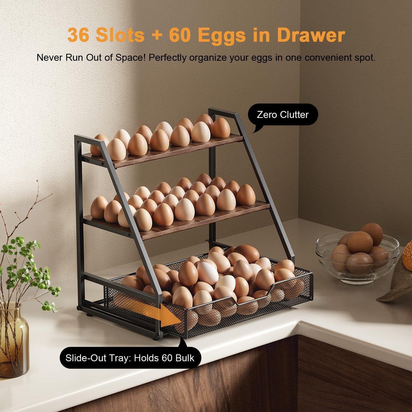Wolera 3-Tier Wooden Fresh Egg Holder Countertop With Basket for 36+90 Eggs, Storage for Countertop with Carry Handle for Gathering 150+ Fresh Eggs