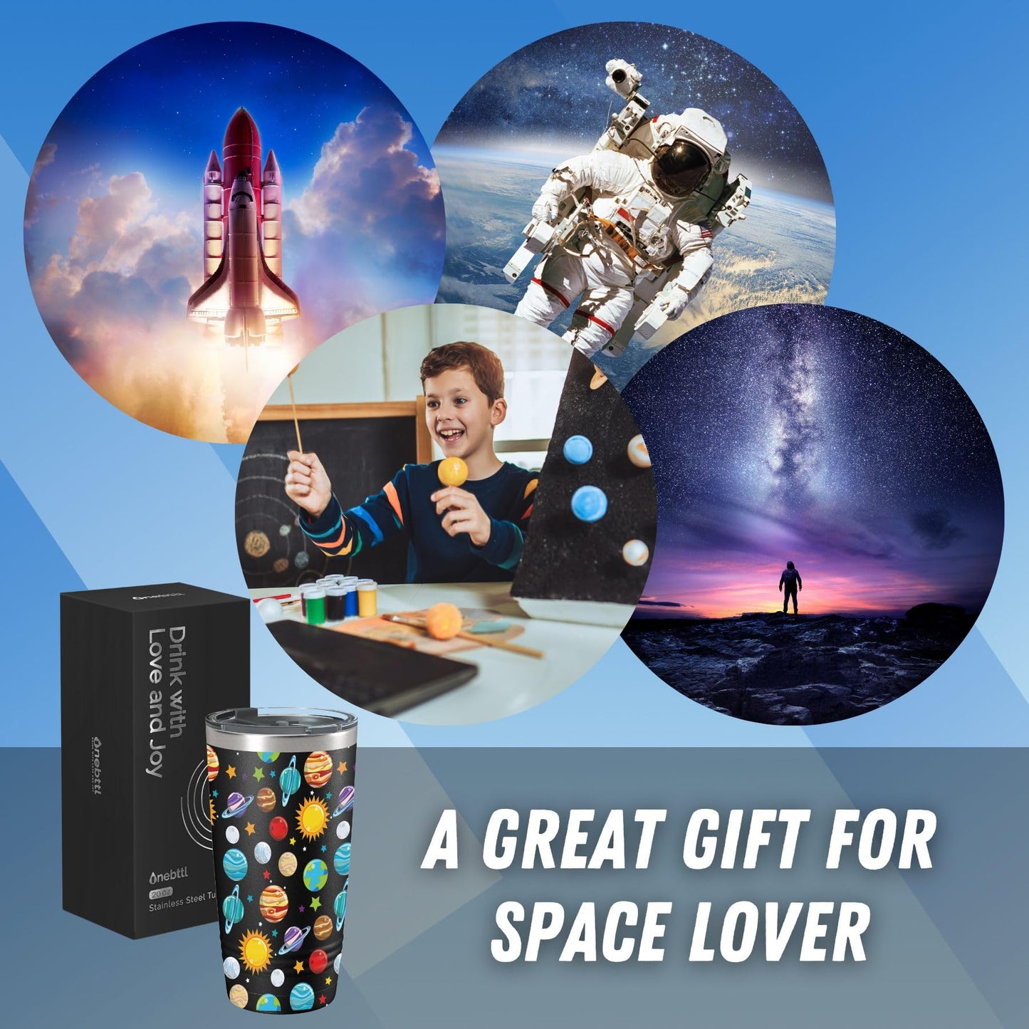 Onebttl Space Gifts for Astronomy Lover - Solar System Planet Tumbler - Science Geek Boys Men Travel Mug 20oz
