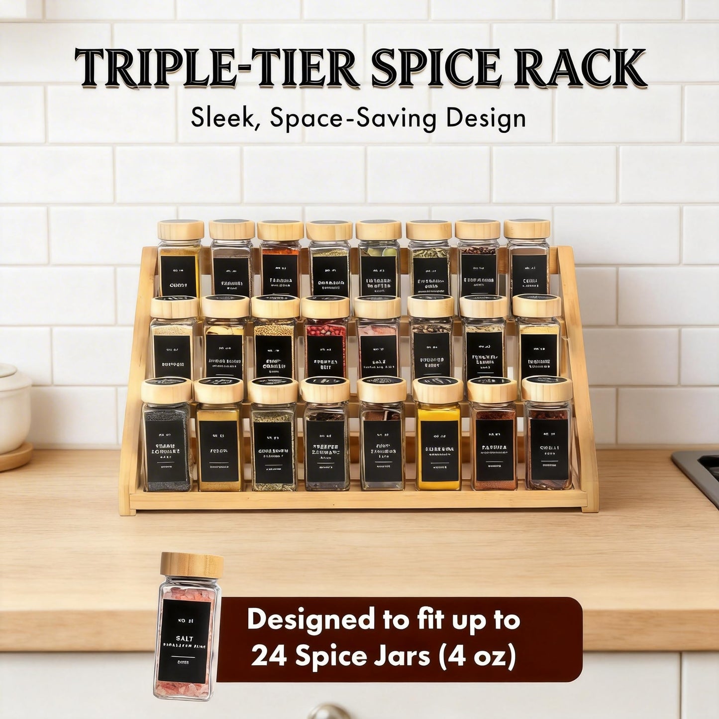 MNADSFKJ Spice Rack, Spice Organizer -3 Tier Bamboo Spice Racks, Solution for Spice Storage in Kitchens, Countertops，Storage Rooms and Other Places