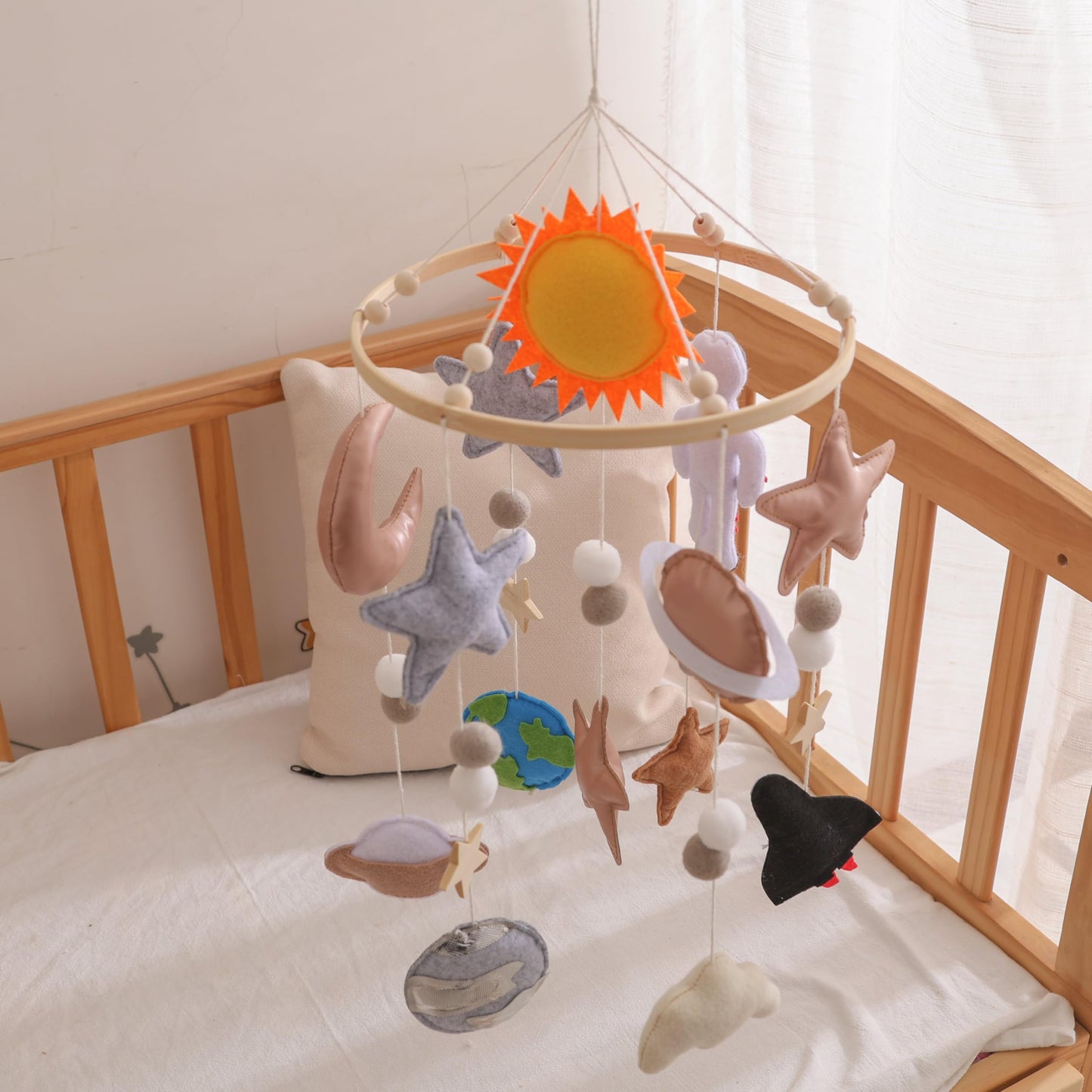 Baby Mobile for Crib – Handmade Space Baby Crib Mobile with Astronaut, Rocket & Planets, Nursery Mobiles Felt & Leather Hanging Toy with Beech Wood Ring, Mobile for Crib Bassinet Decor