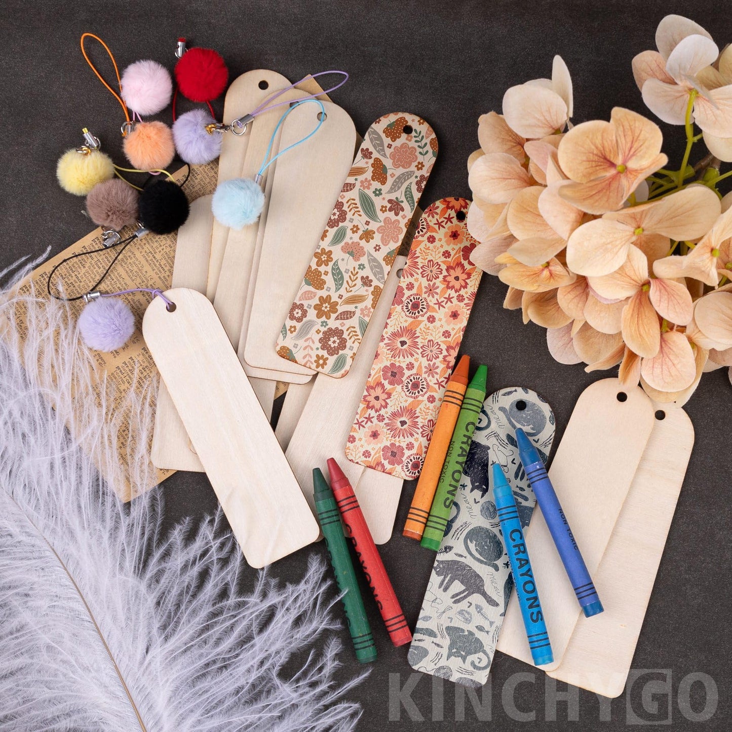 KINCHYGO, 50 Set Wooden Bookmarks Blank Unfinished Blank Bookmarks with Colorful Pom Pom Bookmark Tassels for DIY Crafts