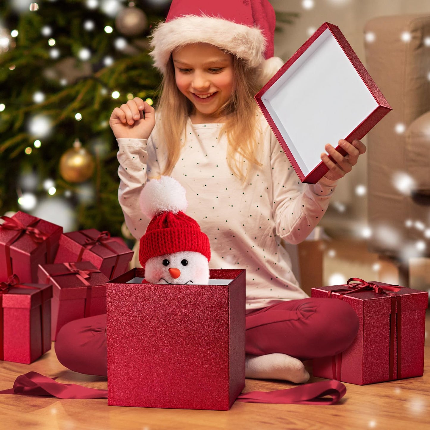 UNIQOOO 5Pcs Red Glitter Xmas Gift Box Set with Lid, Assorted Size, Square Nested Wedding Keepsake Boxes, Holiday Paper Box Tower For Birthday Party, Valentine's Day Gift Wrap Packaging