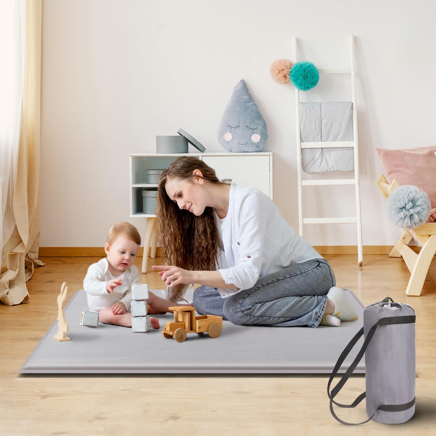 HiMummy 47”x47“ Inflating Play Mat for Playpen, 1.2 Inch Thick, Waterproof Fabric with Foam Interlayer, Provide Enough Cushion for Babies and Infants, Roll-up Design with Travel Bag (47x47)