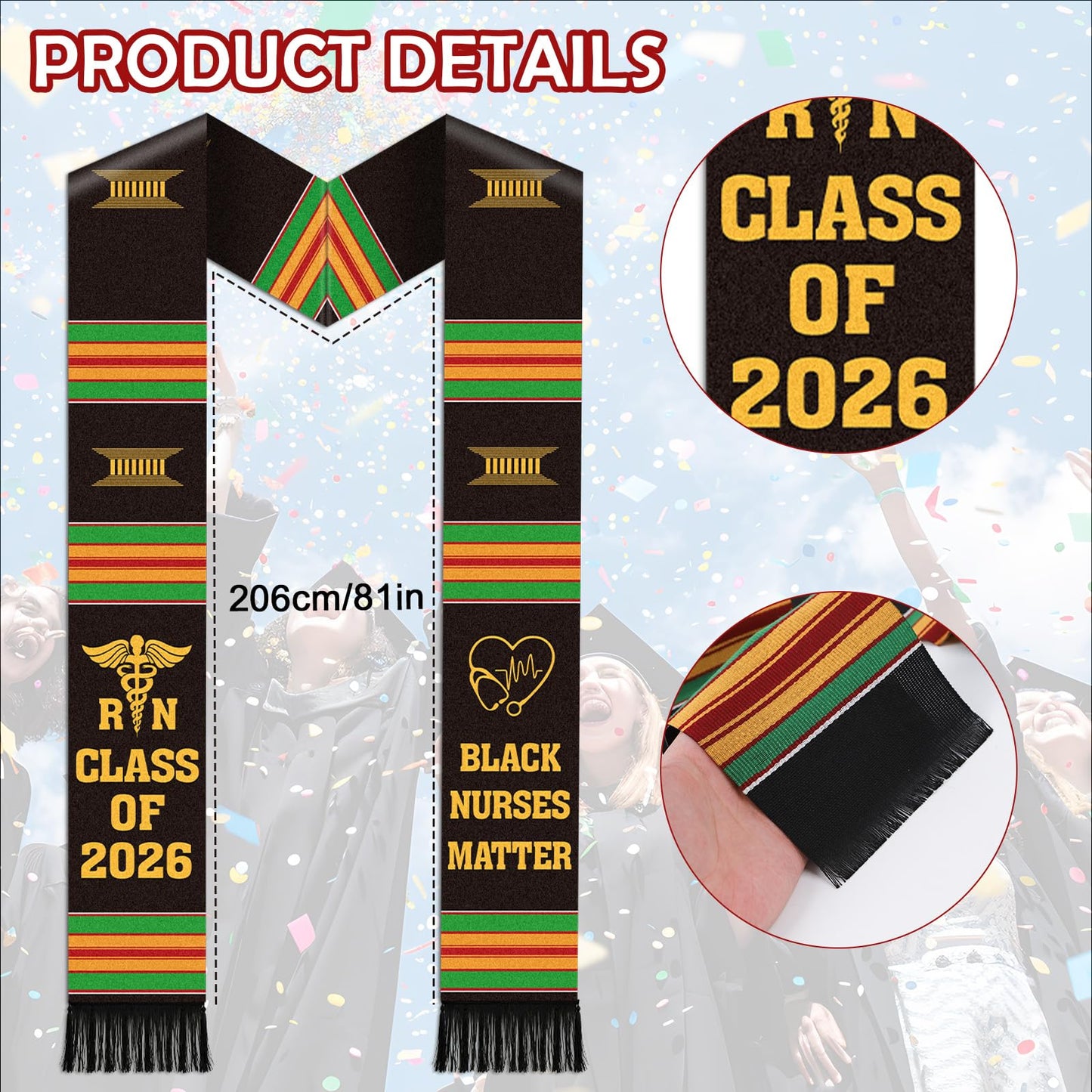 Silkovahamd RN Black Nurses Grauation Stole - Kente Graduation Stole Honor Cord, 2026 Nursing School Black Female Nurse Graduates Medical Academic Ceremony Accessory Gifts