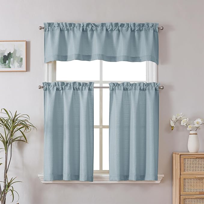 Chyhomenyc Bennet Kitchen Curtains 24 Inch Length, Faux Linen Textured Small Cafe Curtains, Light Filtering Short Window Curtain for Bathroom Basement, 30x24 inch, 2 PCS,Aqua with Greenish Tone