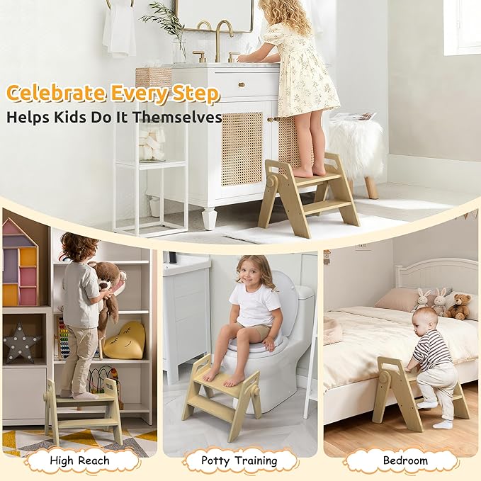 Wooden 2 Step Stool for Kids Bathroom Foldable 2-Step for Toilet Potty Training, Child Stepping Stool for Kitchen Nursery Bedroom