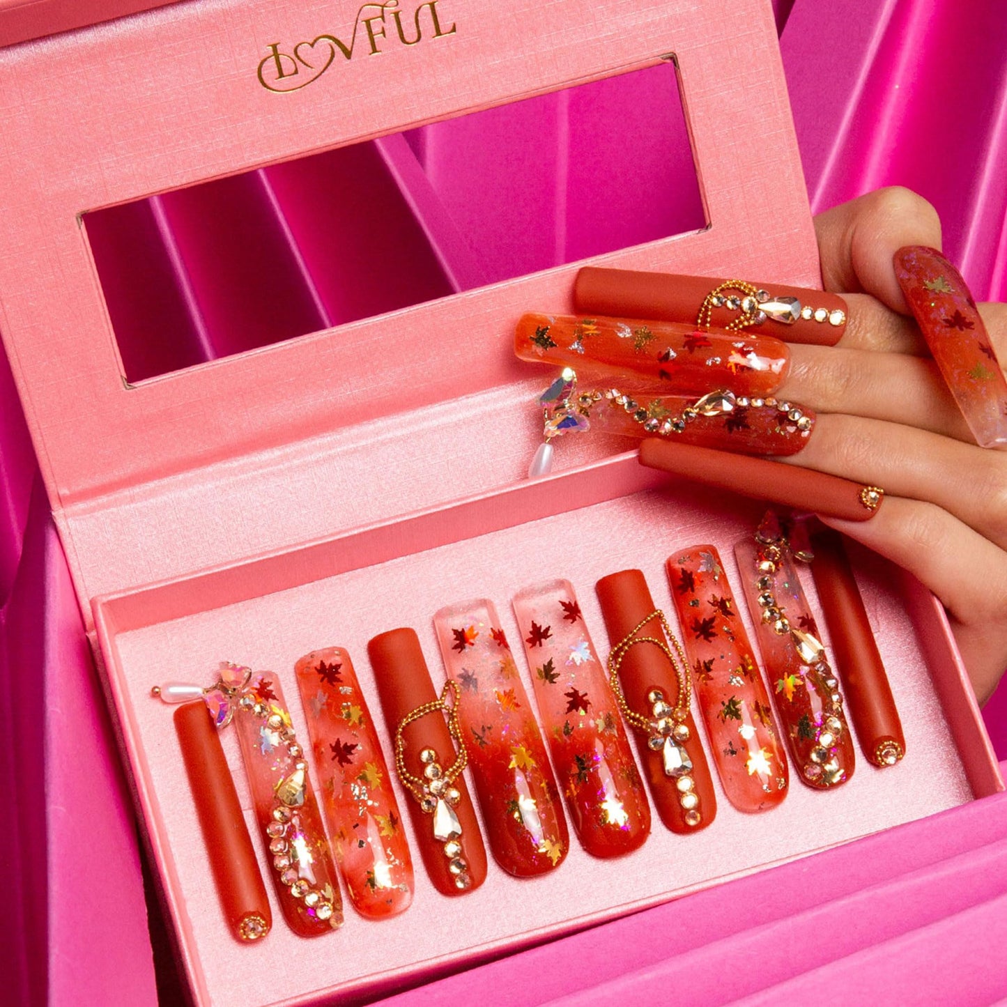 LOVFUL Press on Nails Fall | Handmade with Full Covered Crystals | Reusable Full Cover Nails | Square Long 2.2 in | H77-S