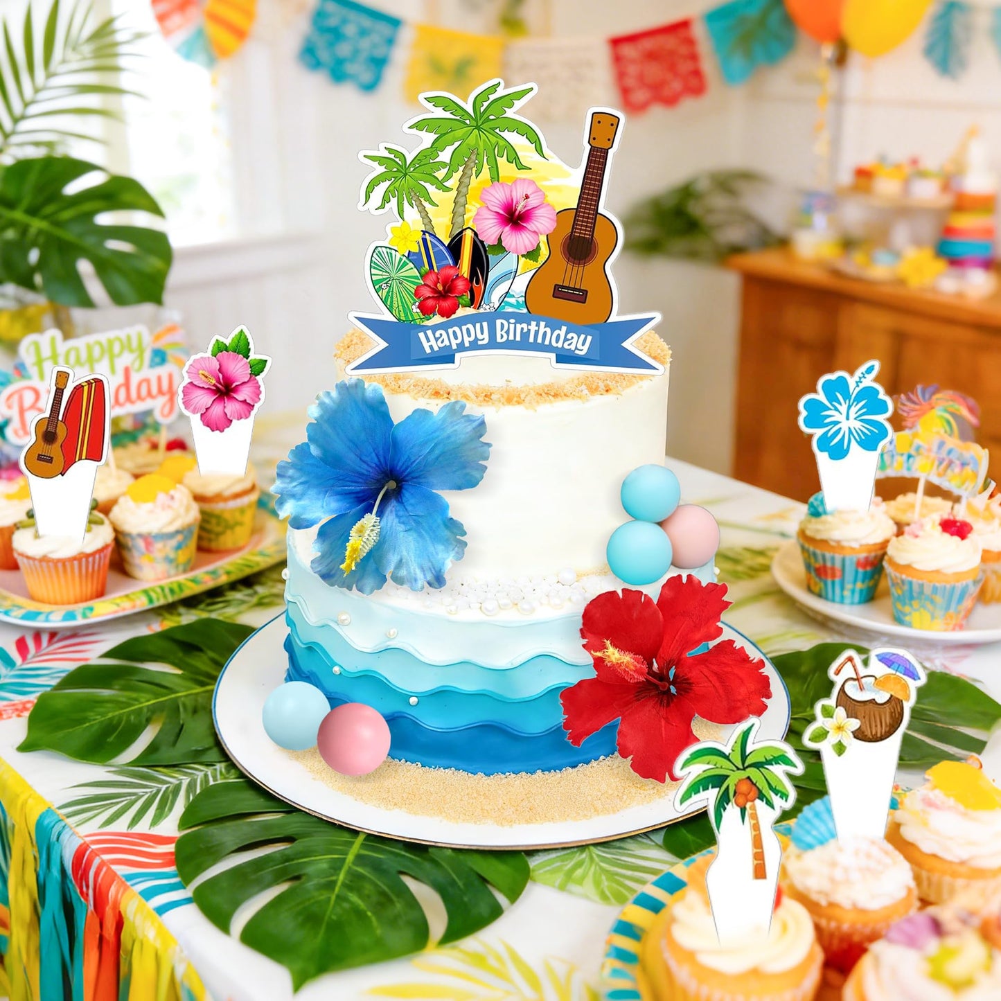 LaVenty Hawaiian Birthday Cake Decorations Tropical Cake Topper Luau Birthday Cake Toppers Hibiscus Flowers Cake Decorations